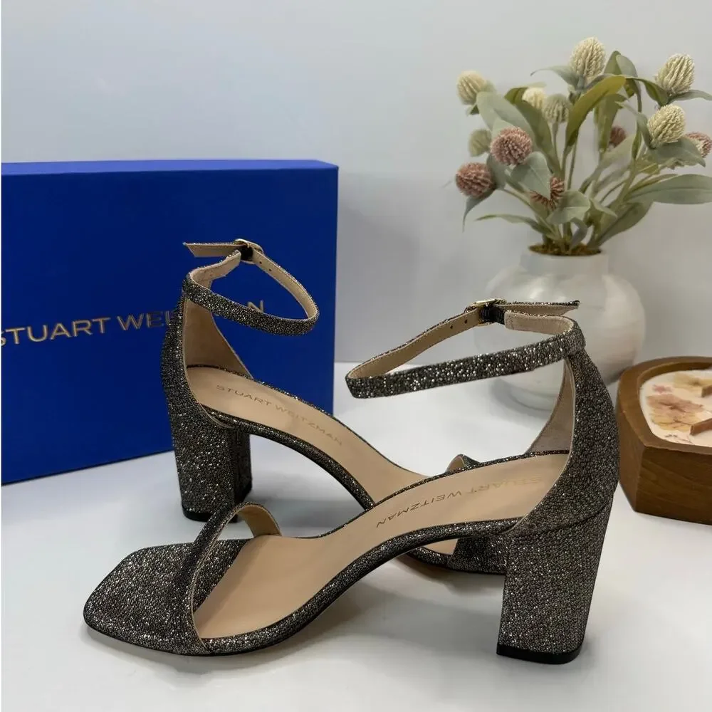 Stuart Weitzman Nudistcurve 75 Block Ankle Strap Sandal New Pyrite Women's 9B